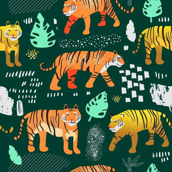 Χωρίς ραφή πρότυπο με χαριτωμένο τίγρεις στη ζούγκλα. Παιδιάστικη άγρια ζώα φόντο για την ταπετσαρία, χαρτί περιτυλίγματος, ύφασμα υφασμάτων, διακόσμηση. Εικονογράφηση διάνυσμα — Διανυσματικό Αρχείο