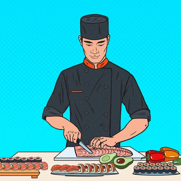 Шеф-повар поп-арта готовит суши в японском ресторане. Векторная иллюстрация — стоковый вектор