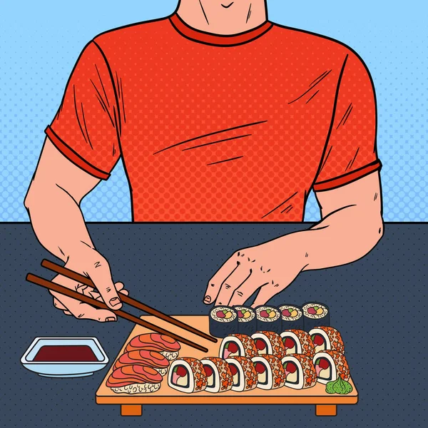 Pop Art muže jíst Sushi v asijské restauraci. Japonské jídlo. Vektorové ilustrace — Stockový vektor