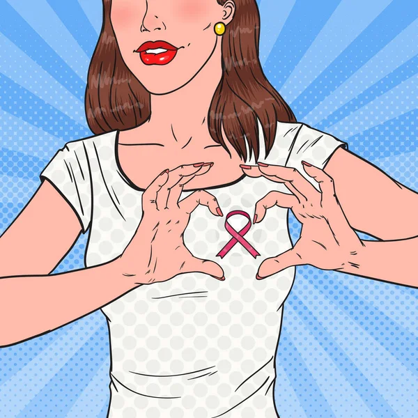 Popart gelukkige vrouw met roze lint op borst. Symbool voor preventie borstkanker. Vectorillustratie — Stockvector