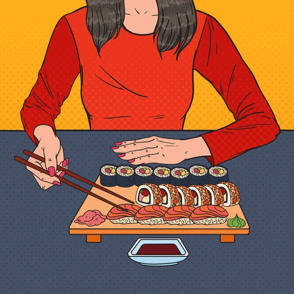 Pop Art žena jíst Sushi v asijské restauraci. Japonské jídlo. Vektorové ilustrace — Stockový vektor