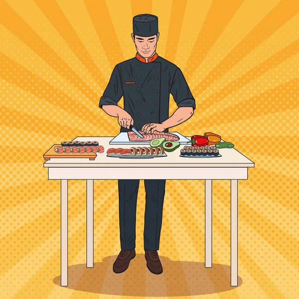 Pop-Art Chef výrobu Sushi. Japonské tradiční jídlo proces přípravy. Vektorové ilustrace — Stockový vektor