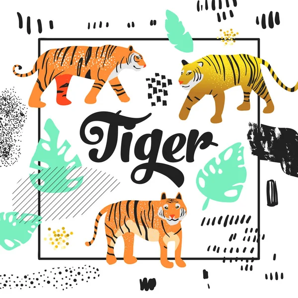 Roztomilý tygr ručně tažené konstrukce. Dětinské zvířata pozadí plakátu, přání, dekorace, pokrýt. Vektorové ilustrace — Stockový vektor