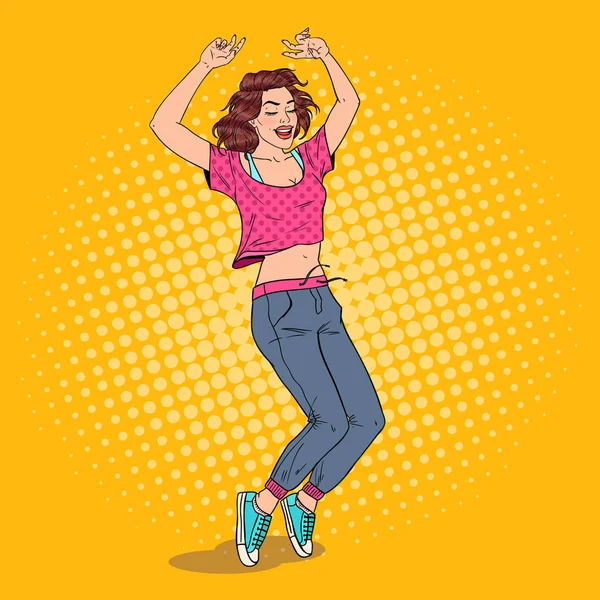 Pop Art Joyful Young Woman Dancing. Excited Teenager Girl. Vector illustration — Stock Vector