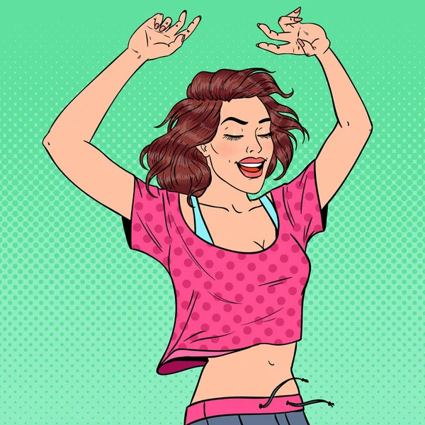 Pop Art Joyful Dancing Young Woman Portrait. Excited Teenager Girl. Vector illustration