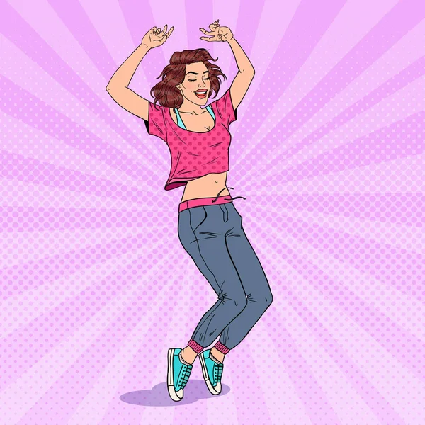 Pop Art Happy Young Woman Dancing (em inglês). Garota adolescente entusiasmada. Ilustração vetorial —  Vetores de Stock