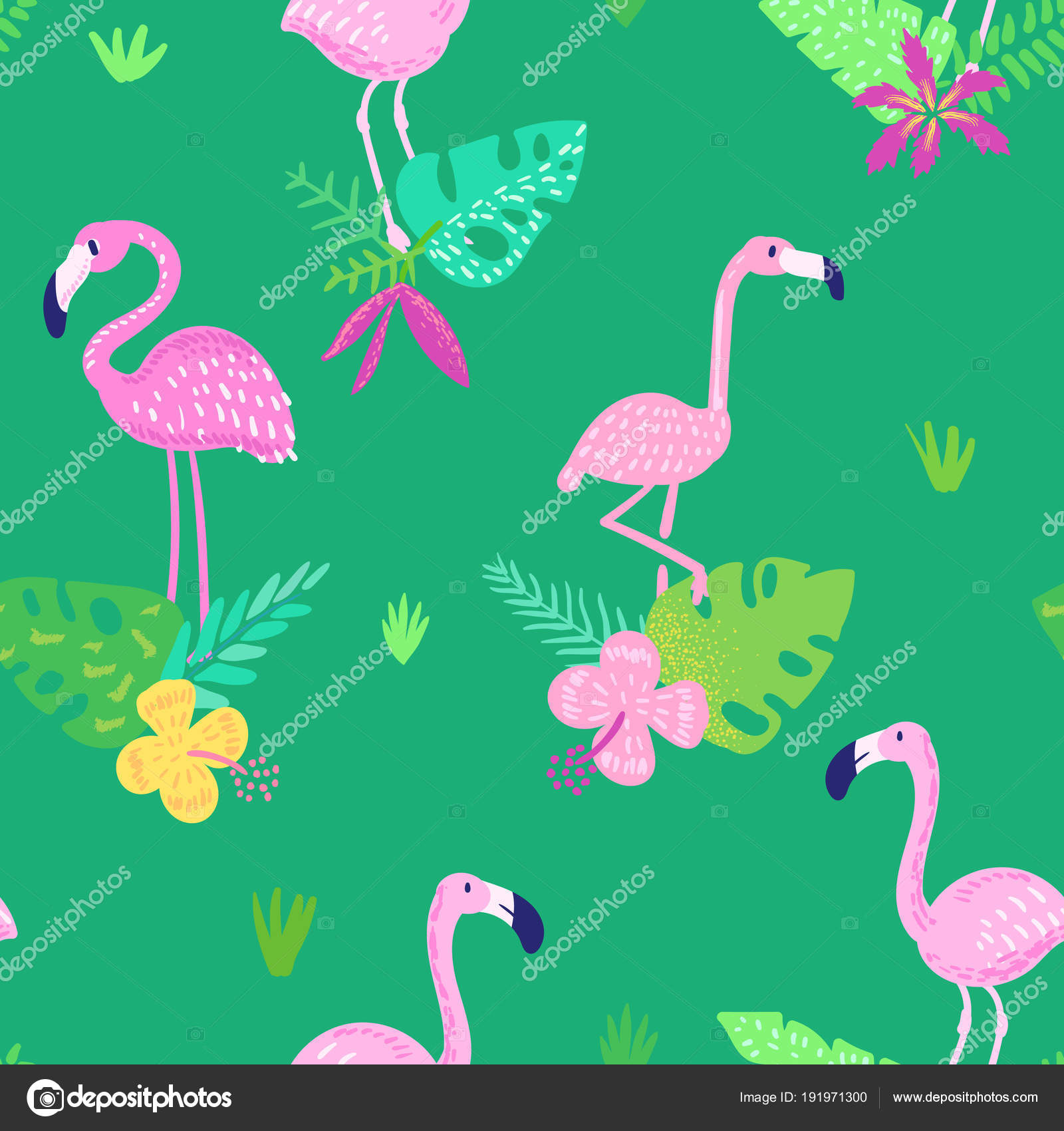 Tropical Seamless Pattern With Cute Flamingo And Exotic Flowers