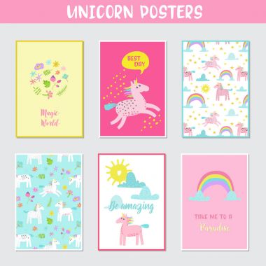 Tebrik kartları ile şirin sihirli tek boynuzlu atlar, gökkuşağı ve çiçekler ayarlayın. Fantastik çocuk posterler, mutlu doğum günü davetiyesi. Elle çizilmiş çocukça kartpostal. Vektör çizim