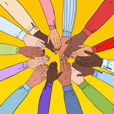 Pop Art çok kültürlü eller. Çok ırklı insanlar takım çalışması. Beraberlik, ortaklık, dostluk kavramı. Vektör çizim