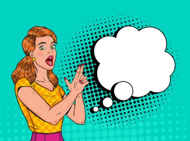 Pop Art kadın parmak silahla poz güzel. Neşeli kız komik konuşma balonu ile VINTAGE Poster. Afiş afiş reklam kadar pin. Vektör çizim