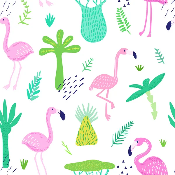 Patrón Tropical Inconsútil con Lindo Flamingo y Hojas de Palma. Fondo de verano infantil para papel pintado, tela, papel de envolver, decoración. Ilustración vectorial — Vector de stock