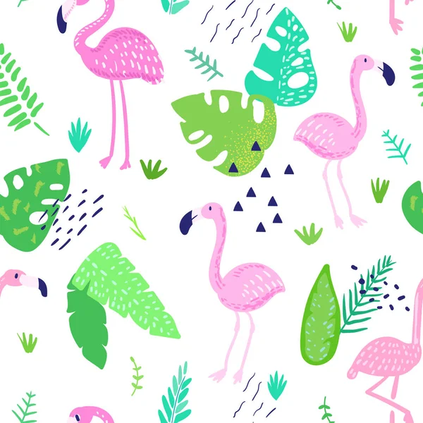 Patrón Tropical Inconsútil con Lindo Flamingo y Hojas de Palma. Fondo de verano infantil para papel pintado, tela, papel de envolver, decoración. Ilustración vectorial — Vector de stock