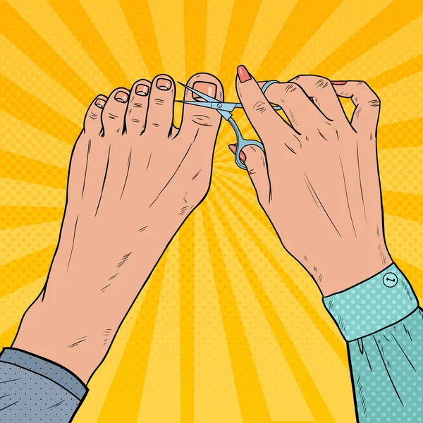 Salón de belleza de pedicura. Pop Art Female Hands Cares about Foot Nails. Uñas cortadas con tijeras. Ilustración vectorial — Vector de stock