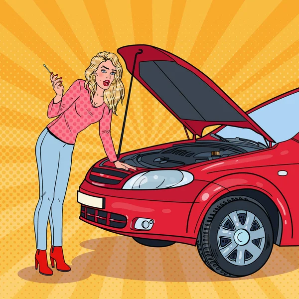 Pop Art Blonde vrouw met gebroken auto. Verdeling van de motor. Vectorillustratie — Stockvector