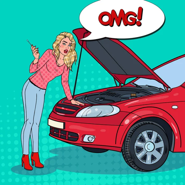 Pop Art rubia con coche roto. La avería del motor. Ilustración vectorial — Vector de stock