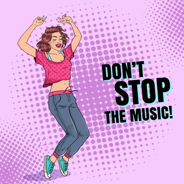 Pop Art Happy Young Woman Dancing. Ragazza adolescente eccitata. Disco Club Poster, Music Placard. Illustrazione vettoriale — Vettoriale Stock
