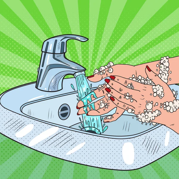 Pop Art Frau beim Händewaschen. Hygiene Hautpflege Gesundheitsversorgung Konzept. Reinigung weiblicher Hände mit Seifenschaum. Vektorillustration — Stockvektor