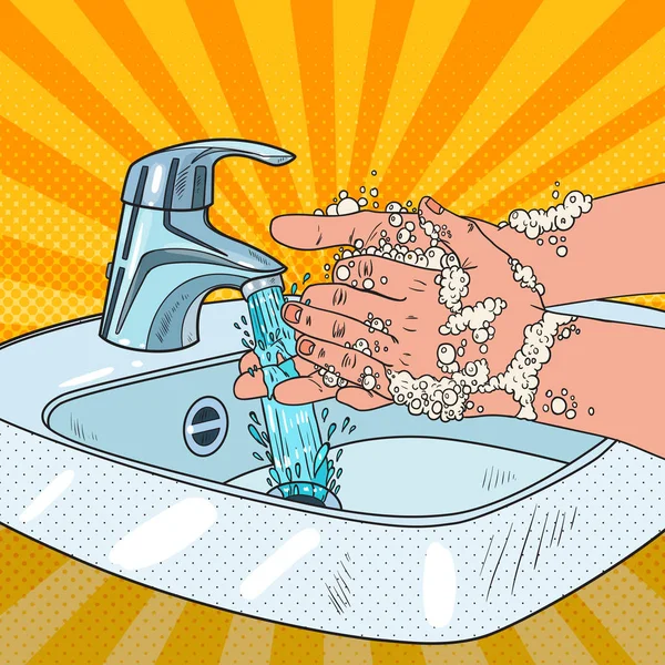 Pop-Art-Mann beim Händewaschen. Hygiene Hautpflege Gesundheitsversorgung Konzept. Reinigung männlicher Hände mit Seifenschaum. Vektorillustration — Stockvektor