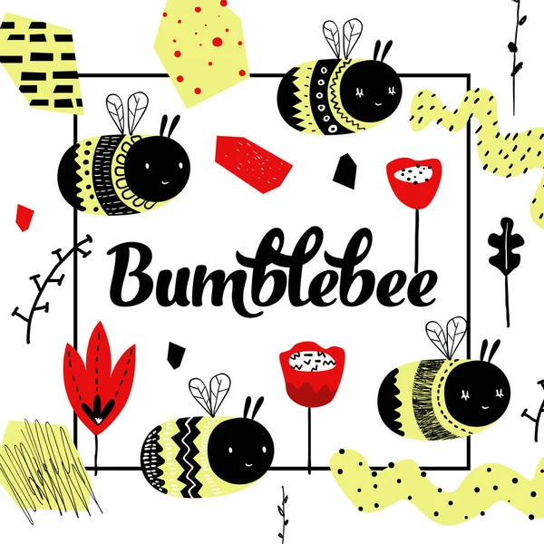 Design infantil com abelha bonito. Fundo das crianças com Bumblebee engraçado para impressão, capa, cartão, convite. Ilustração vetorial — Vetor de Stock