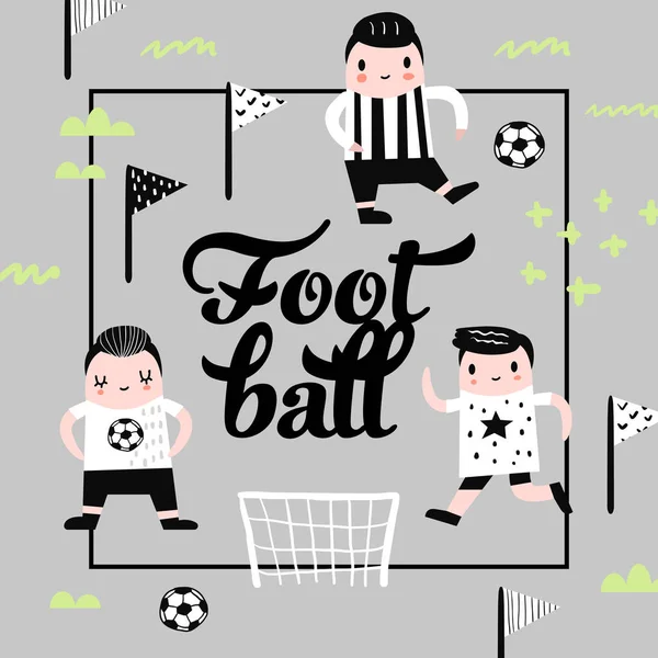 Gyerekes Design fiú labdarúgó. Gyermekek háttér vicces Soccer fiúk a nyomtatott, borító, illusztráció vektor kártya — Stock Vector
