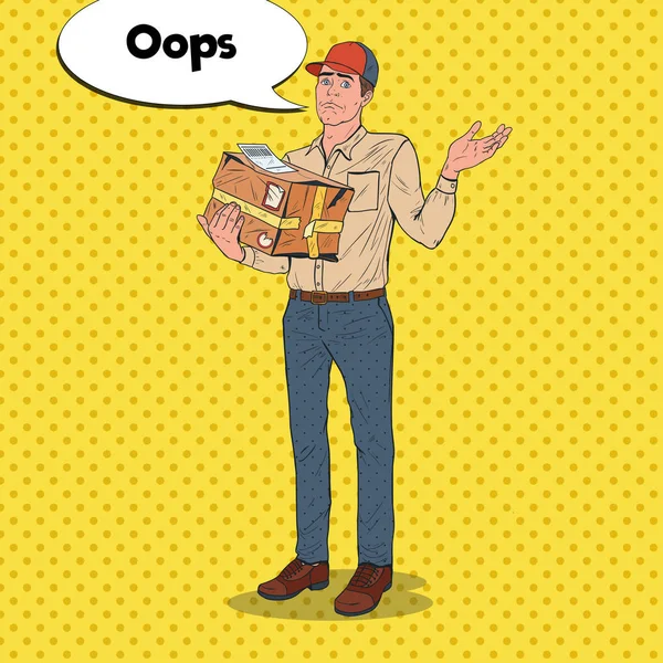 Pop Art kurye ile hasarlı parsel. Teslimatçı çöktü paketi ile. Hızlı servis sevkiyat. Vektör çizim