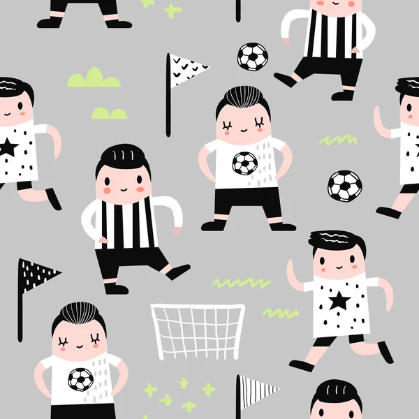 少年サッカー選手の幼稚なシームレス パターン。生地、印刷、包装、面白いサッカー少年と子供の背景の壁紙します。ベクトル図 — ストックベクタ