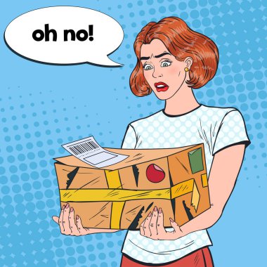 Pop Art Disappointed Woman Holding Damaged Parcel. Unprofessional Delivery Service. Vector illustration clipart