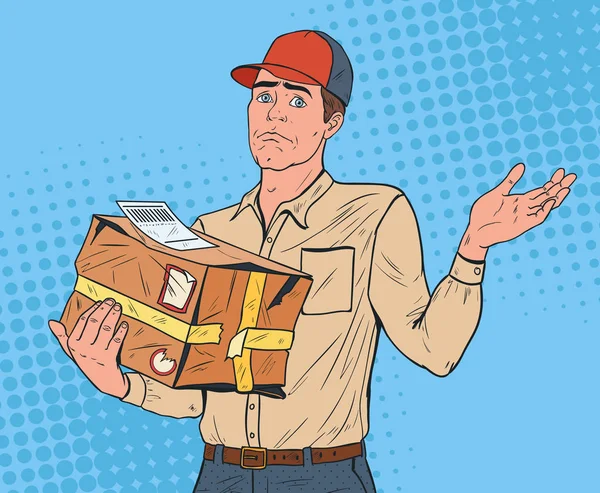 Pop Art Courier con paquete dañado. Entrega hombre con el paquete estrellado. Servicio de envío urgente. Ilustración vectorial — Vector de stock