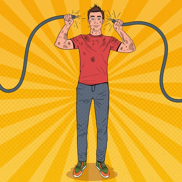 Pop Art Man sostiene cable eléctrico roto después de un accidente doméstico. Gracioso electricista sucio. Ilustración vectorial — Archivo Imágenes Vectoriales