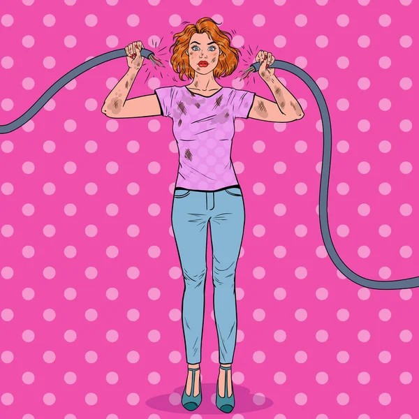 Pop-Art hezká žena držící přerušený elektrický kabel po domácího nehody. Vektorové ilustrace — Stockový vektor