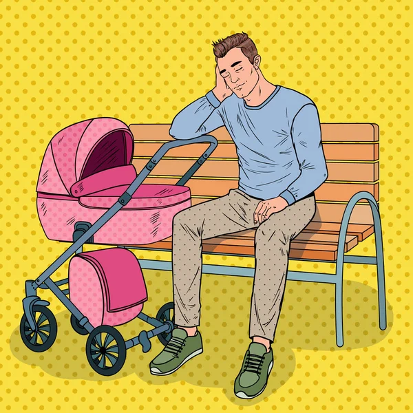 Pop Art Jovem pai sem sono sentado no banco do parque com carrinho de bebê. Conceito de paternidade. Homem Cansado com Criança Recém-Nascida. Ilustração vetorial —  Vetores de Stock