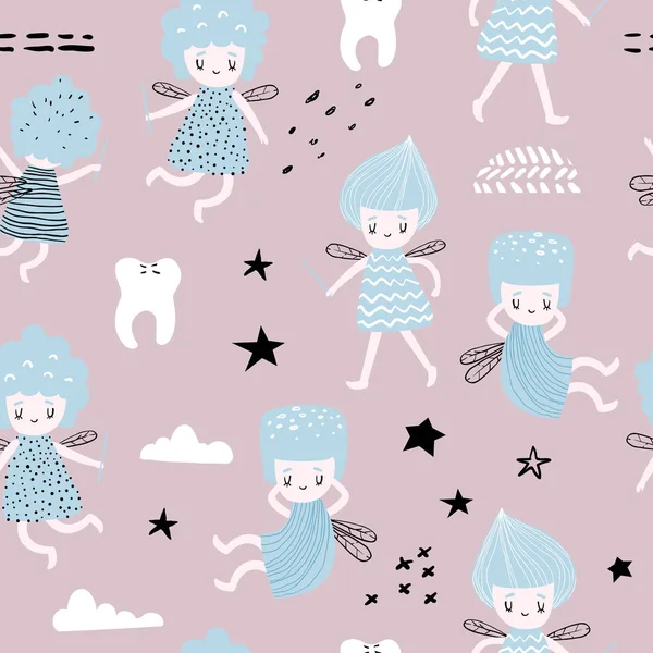 Childish Seamless Pattern with Cute Fairy. Latar belakang Fairytale Girlish untuk Fabric, Print, Wrapping, Wallpaper. Ilustrasi vektor - Stok Vektor