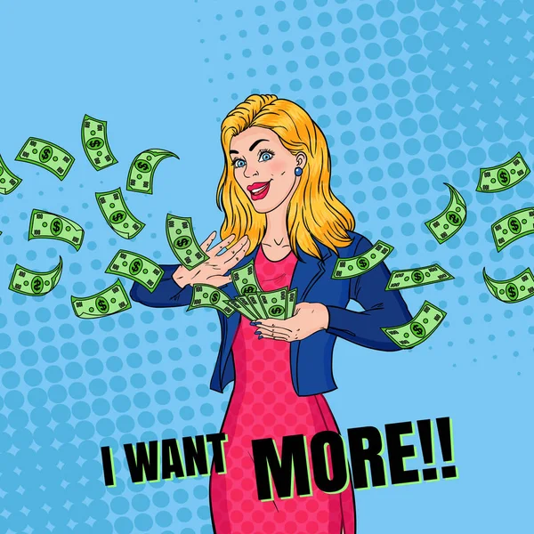 Pop Art Rich Woman Throwing Dollar Banknotes. Chica rubia exitosa con dinero. Ilustración vectorial — Archivo Imágenes Vectoriales