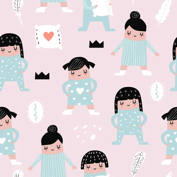 Childish Seamless Pattern with Cute Girls in Pajamas. Children Girlish Background for Fabric, Print, Wrapping, Wallpaper. Vector illustration — Stock Vector