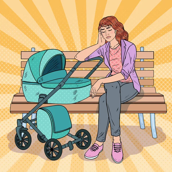 Pop Art Sleepless Young Mother Sentado en el Banco del Parque con Baby Stroller. Concepto de maternidad. Mujer cansada con niño recién nacido. Ilustración vectorial — Vector de stock