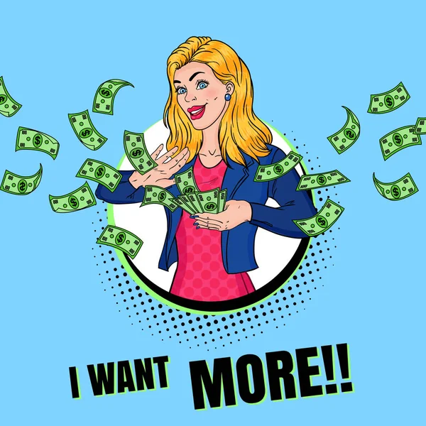 Pop Art Rich Woman Throwing Dollar Banknotes. Successful Blonde Girl with Money. Financial Advertising Poster. Vector illustration — Stock Vector