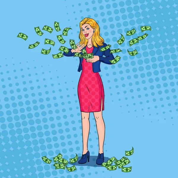 Pop Art Rich Woman Throwing Dollar Banknotes. Successful Blonde Girl with Money. Vector illustration — Stock Vector