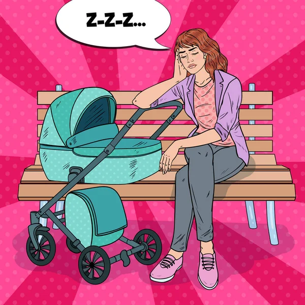 Pop Art Sleepless Young Mother Sentado en el Banco del Parque con Baby Stroller. Concepto de maternidad. Mujer exhausta con niño recién nacido. Ilustración vectorial — Vector de stock