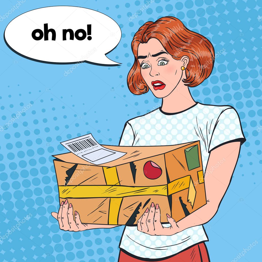 Pop Art Disappointed Woman Holding Damaged Parcel. Unprofessional Delivery Service. Vector illustration