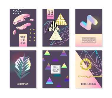 Trendy soyut posterler Set metin ve altın öğeler için yer. Hipster geometrik afiş, posterlerini açmaları, 80-90 Vintage tarzı arka planlar. Vektör çizim