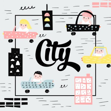 Otomobil tasarımında şirin çocuklar. Erkek ve kızlar için kapak, Dekorasyon, araba sürüş ile yaratıcı çocukça arka plan yazdırır. Vektör çizim