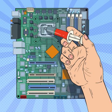 Sanat erkek el Cpu anakart üzerinde tamir bilgisayar mühendisi baba. Bakım Pc donanım yükseltme. Vektör çizim