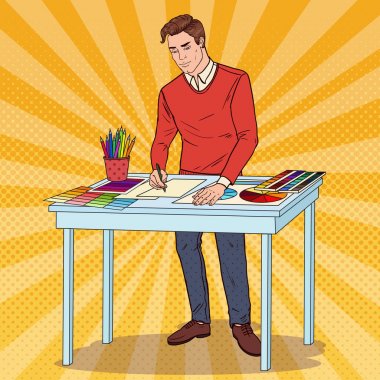 Sanat Grafik Tasarımcısı araçları çalışma ile pop. Yaratıcı Illustrator kavramı. Vektör çizim
