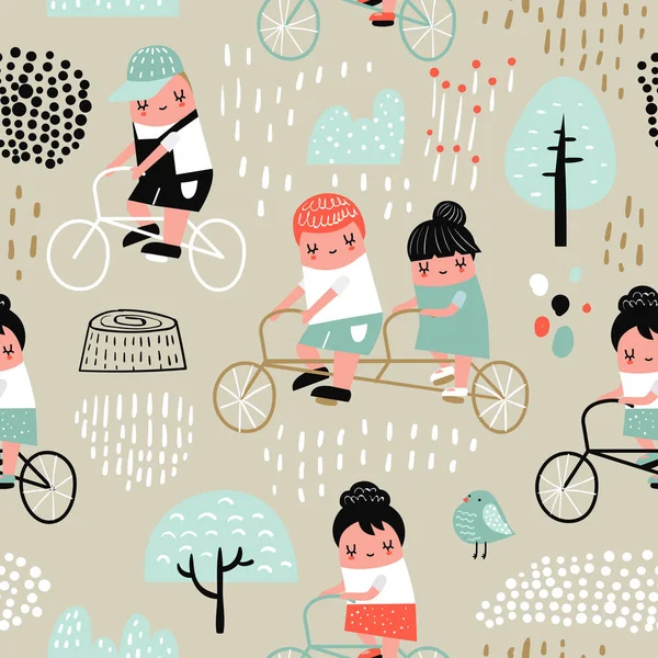 Kézzel rajzolt Seamless Pattern a gyerekek kerékpáron. Aranyos fiúk és a lányok kerékpár szövet, textil, tapéta, dekoráció, kreatív gyerekes háttérrel nyomtat. Vektoros illusztráció — Stock Vector
