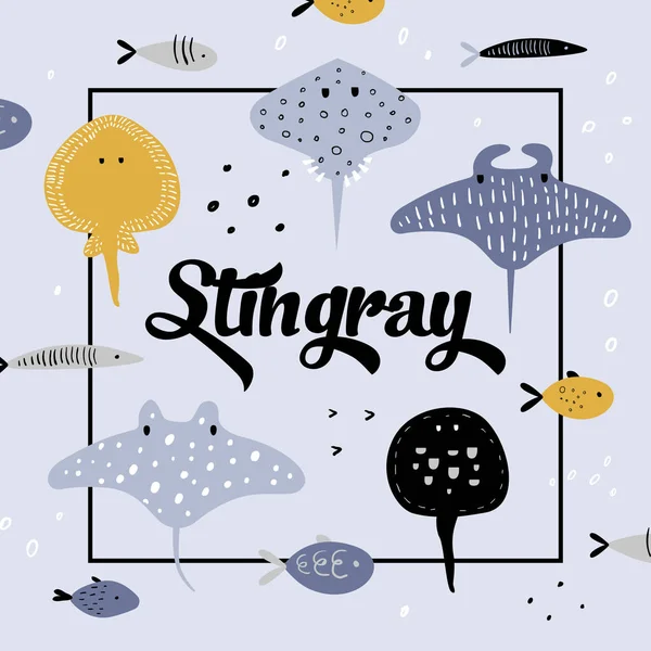 Desenho de criaturas subaquáticas bonito. Fundo Criativo Infantil com Peixes e Stingray para Capa, Decoração, Impressões. Ilustração vetorial —  Vetores de Stock