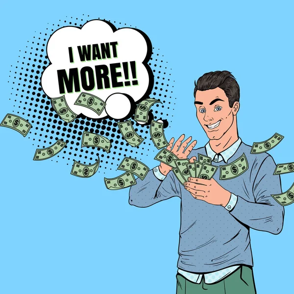 Pop-Art Rich Man házení dolarové bankovky. Úspěšný podnikatel s penězi. Vektorové ilustrace — Stockový vektor
