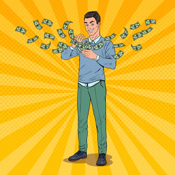 Pop Art Rich Man Throwing Dollar Banknotes. Successful Businessman with Money. Vector illustration — Stock Vector