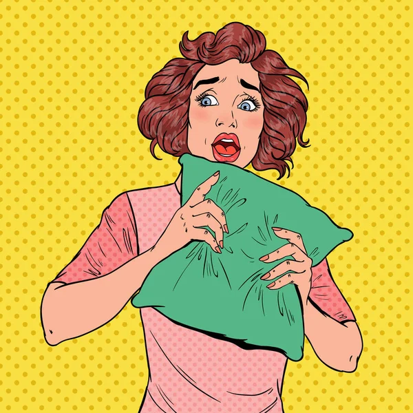 Pop Art Shoked γυναίκα κρύβονται στο μαξιλάρι. Ουρλιάζοντας νευρικό κορίτσι. Εικονογράφηση διάνυσμα — Διανυσματικό Αρχείο