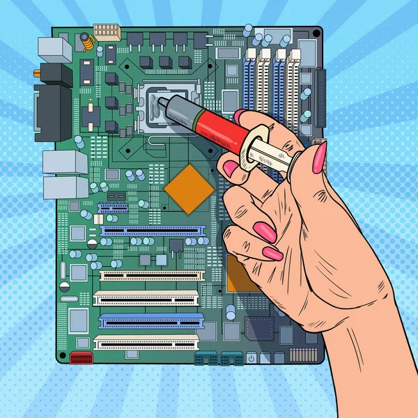 Pop Art weibliche Hand eines Computeringenieurs, der CPU auf der Hauptplatine repariert. Wartung PC-Hardware-Upgrade. Vektorillustration — Stockvektor