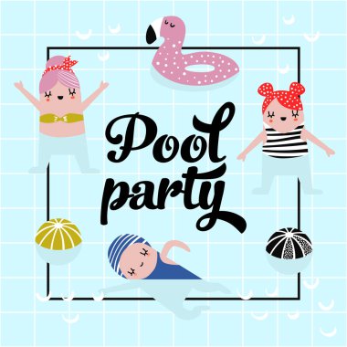 Çocukça tasarımı ile Yüzme havuzunda şirin kızlar